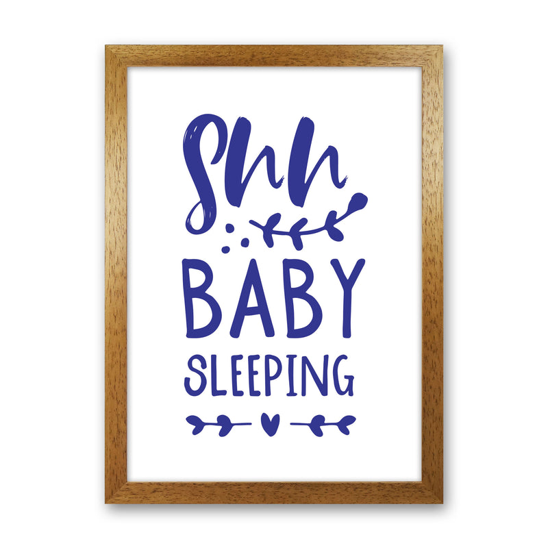 Shh Baby Sleeping Navy Framed Nursey Wall Art Print Oak Grain
