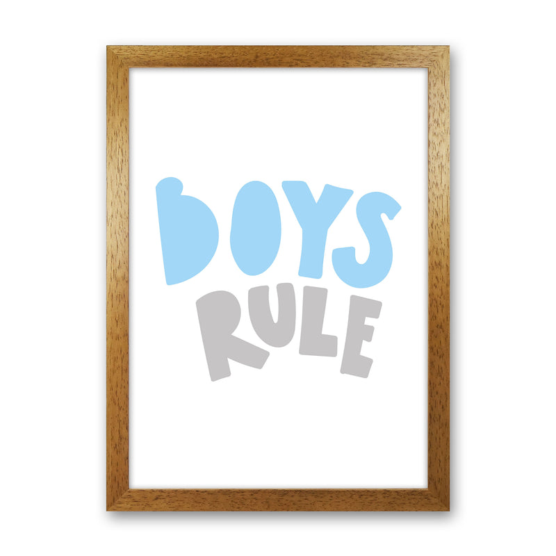 Boys Rule Grey And Light Blue Framed Typography Wall Art Print Oak Grain