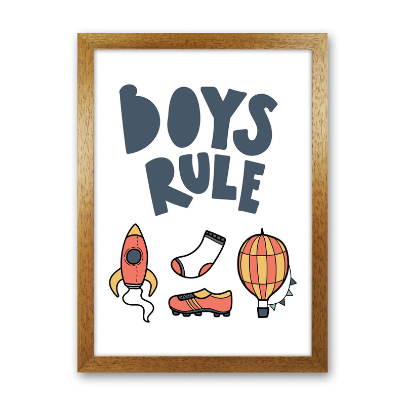 Boys Rule Illustrations Framed Nursey Wall Art Print Oak Grain