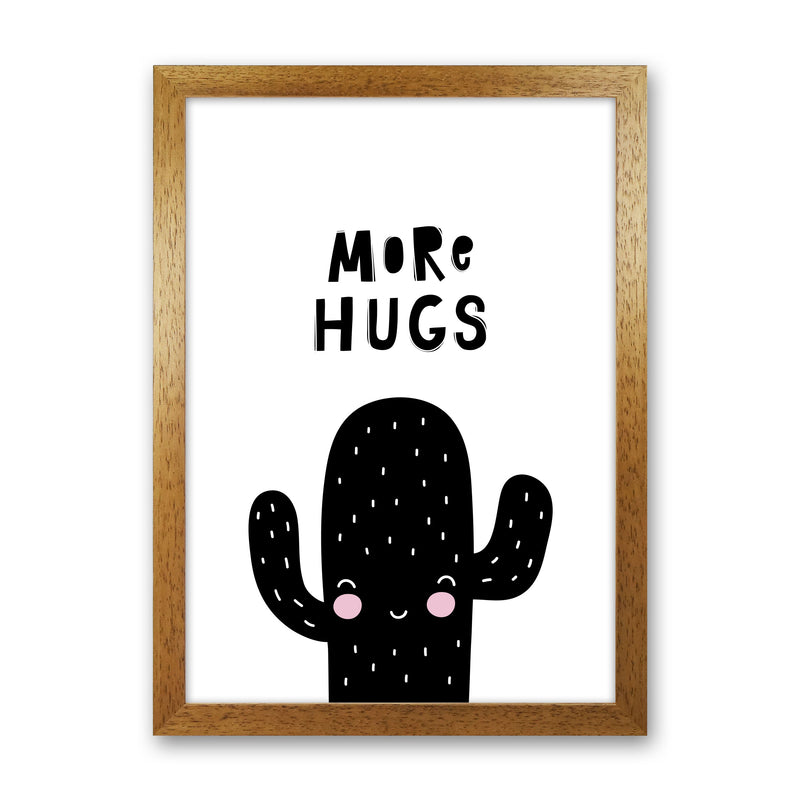 More Hugs Cactus Framed Typography Wall Art Print Oak Grain
