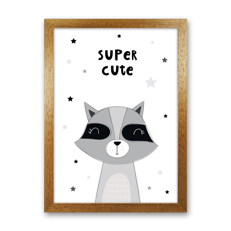 Super Cute Raccoon Framed Nursey Wall Art Print Oak Grain