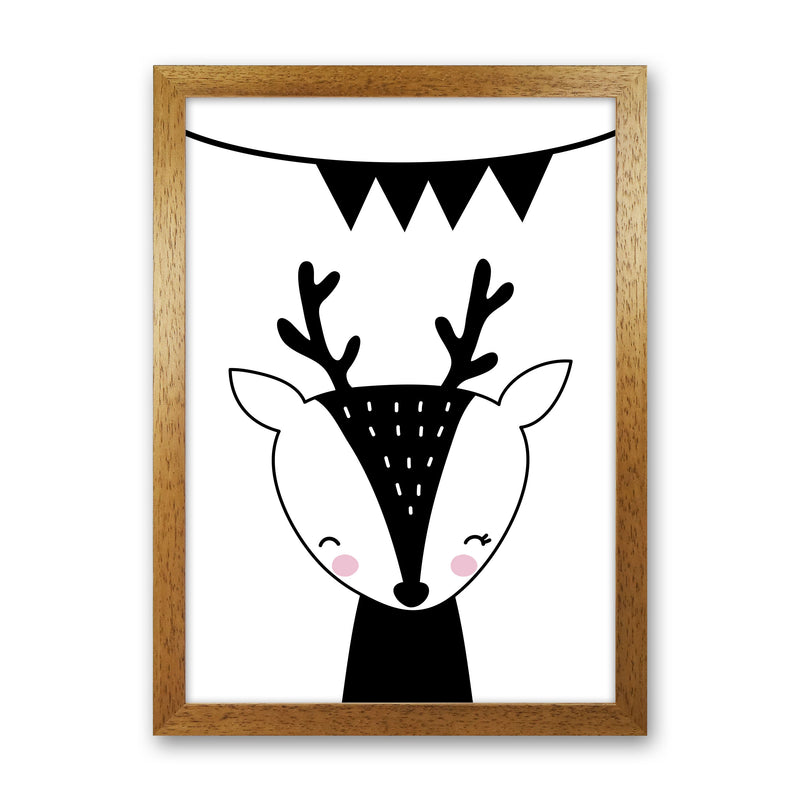 Scandi Black Deer With Banner Framed Nursey Wall Art Print Oak Grain