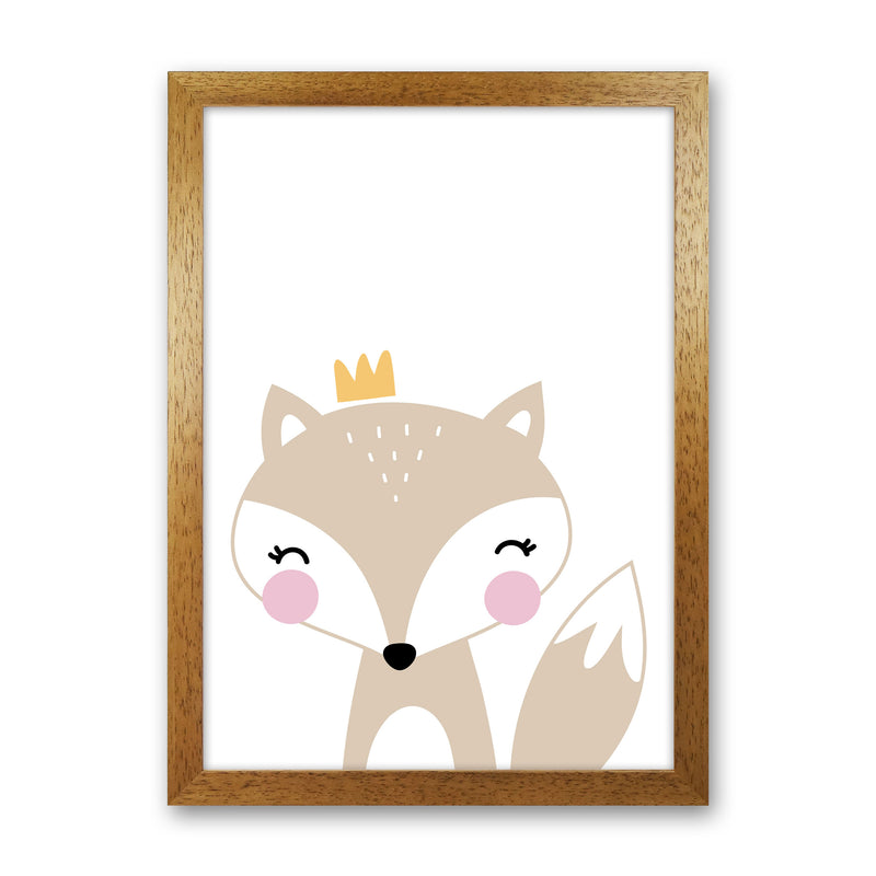 Scandi Beige Fox With Crown Framed Nursey Wall Art Print Oak Grain