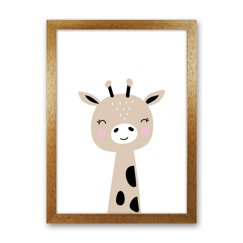 Scandi Brown Giraffe Framed Nursey Wall Art Print Oak Grain