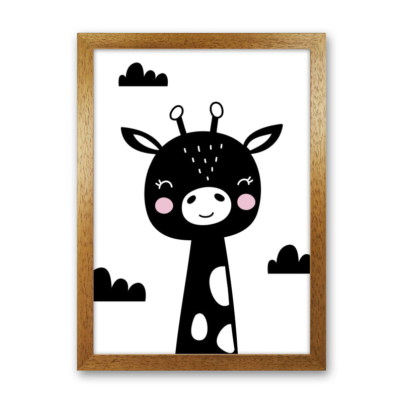 Scandi Black Giraffe Framed Nursey Wall Art Print Oak Grain