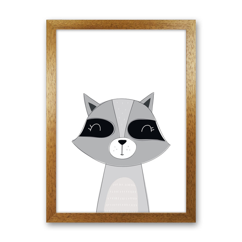 Scandi Raccoon Framed Nursey Wall Art Print Oak Grain