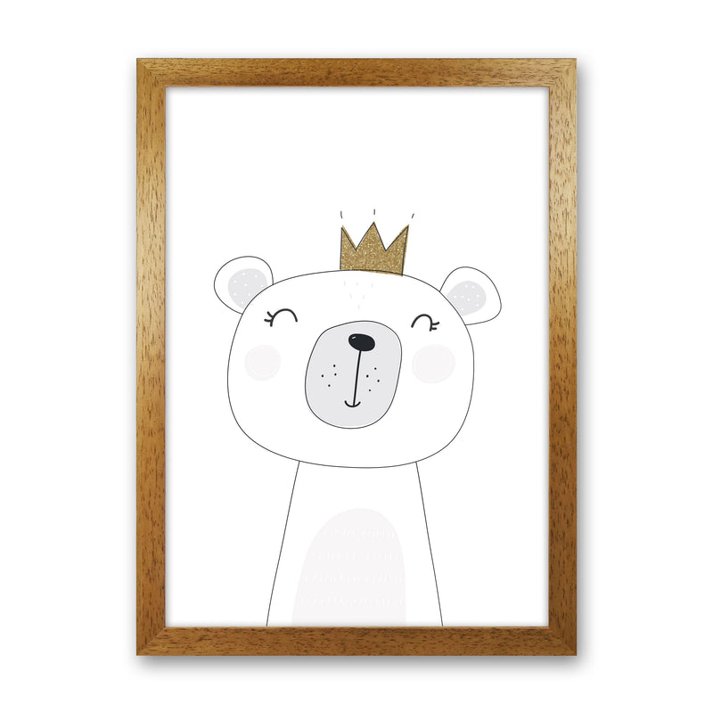 Scandi Cute Bear With Crown Framed Nursey Wall Art Print Oak Grain