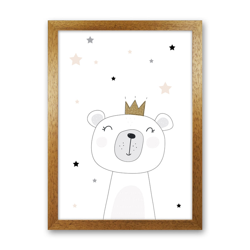 Scandi Cute Bear With Crown And Stars Print, Framed Childrens Wall Art Oak Grain