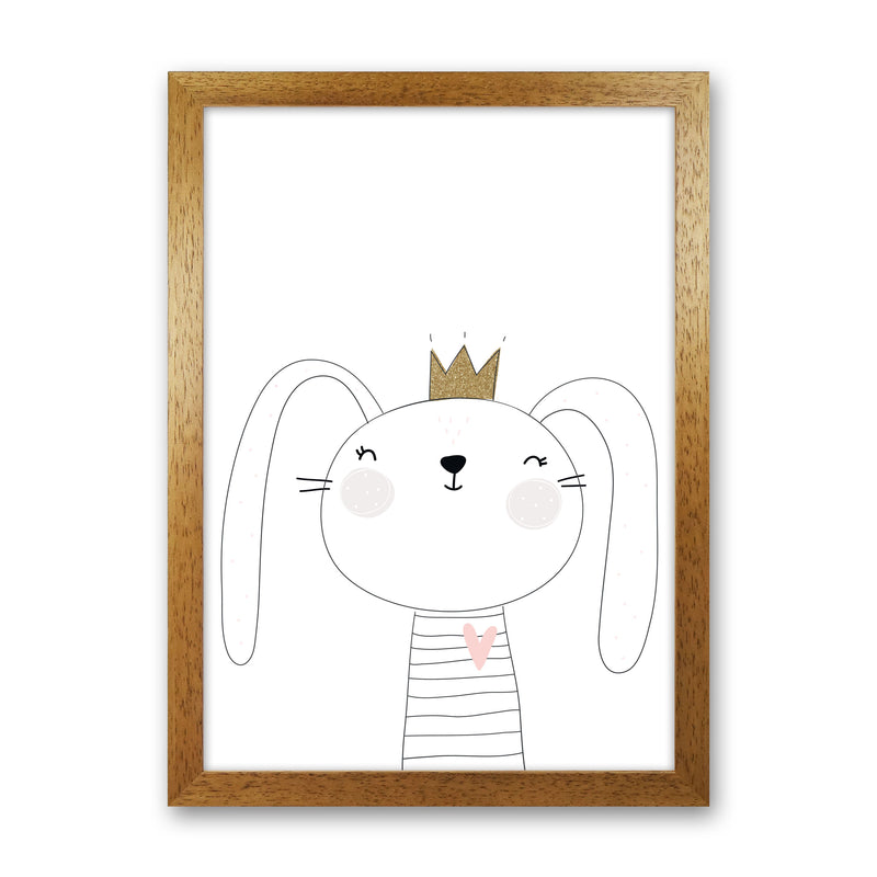 Scandi Cute Bunny With Crown Framed Nursey Wall Art Print Oak Grain