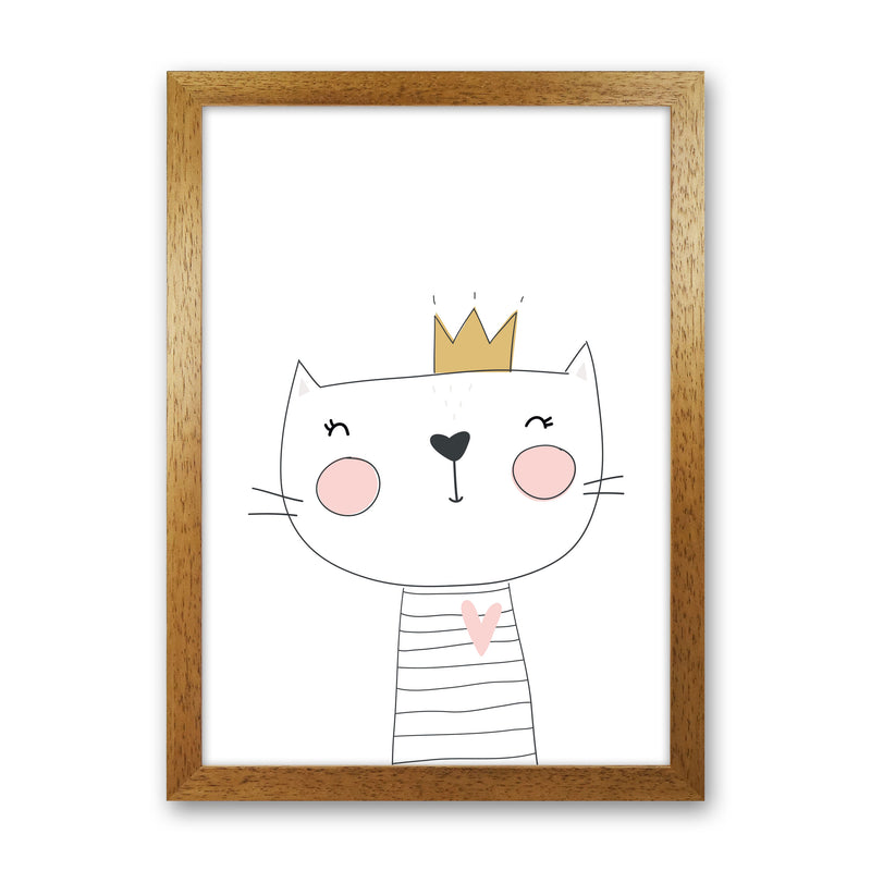 Scandi Cute Cat With Crown Framed Nursey Wall Art Print Oak Grain