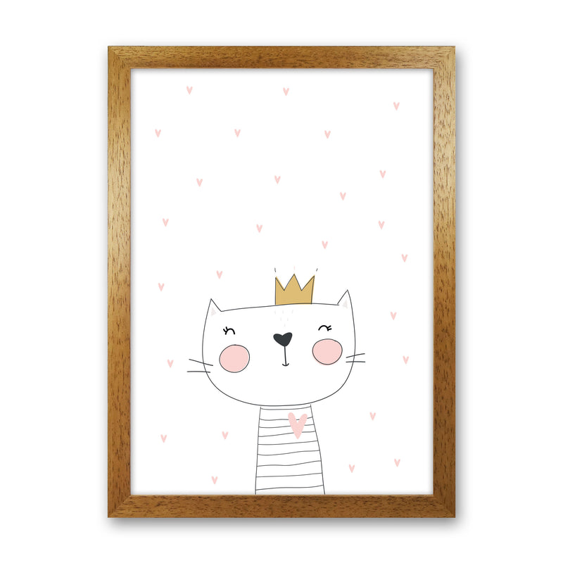Scandi Cute Cat With Crown And Stars Framed Nursey Wall Art Print Oak Grain
