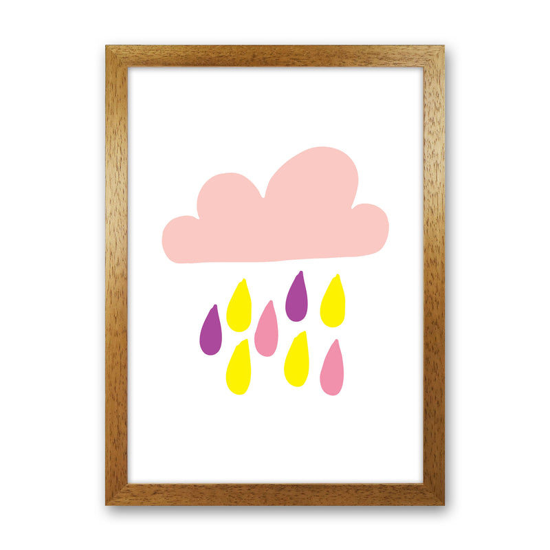 Pink Rain Cloud Framed Nursey Wall Art Print Oak Grain