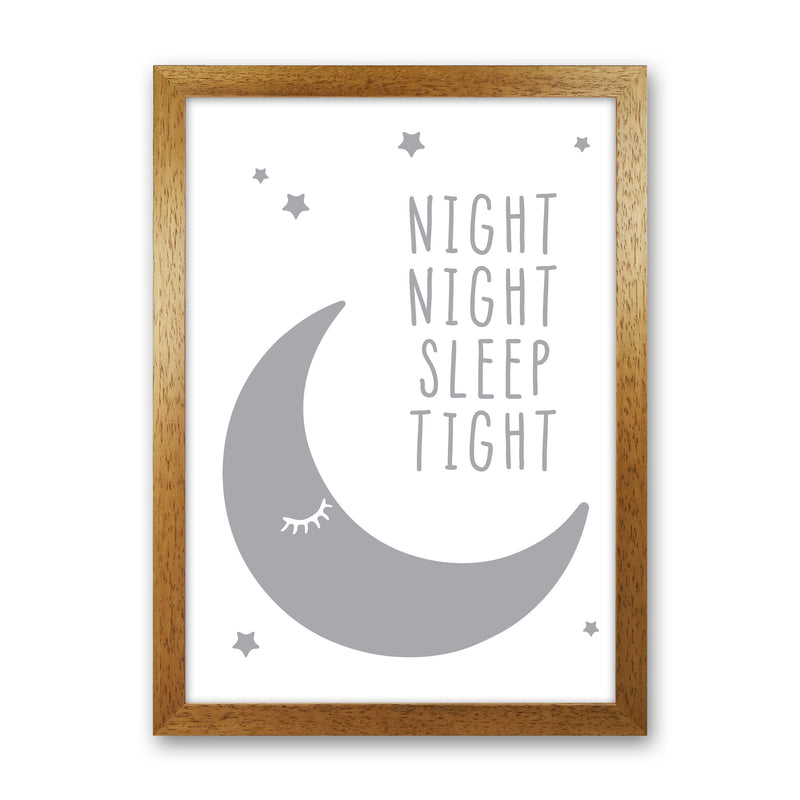 Night Night Moon Grey Framed Nursey Wall Art Print Oak Grain