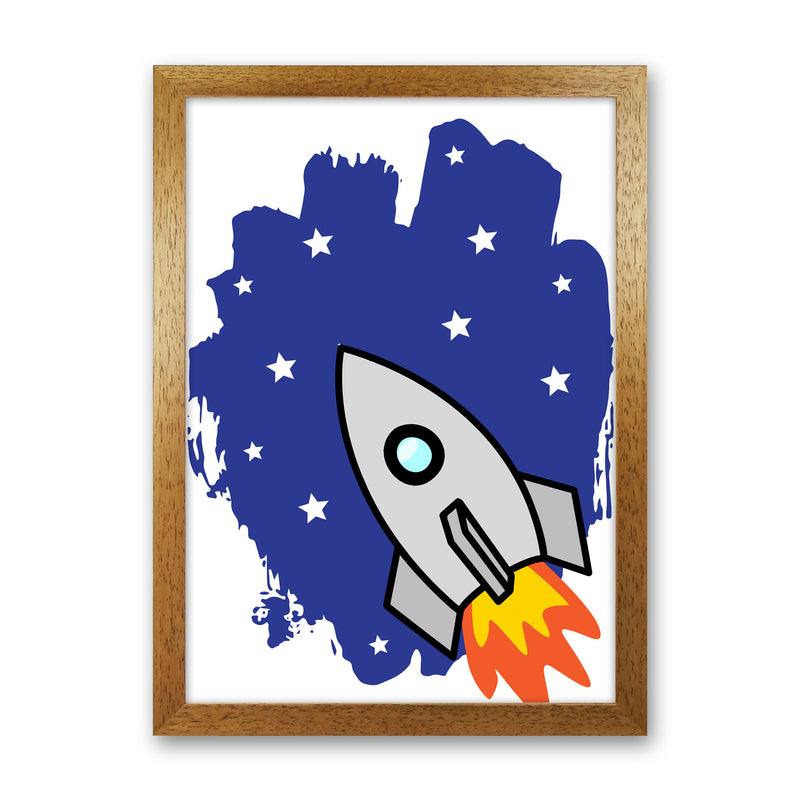 Space Rocket Framed Nursey Wall Art Print Oak Grain