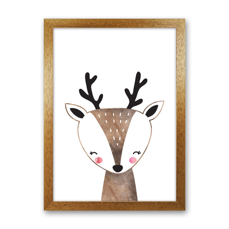 Scandi Brown Deer Watercolour Framed Nursey Wall Art Print Oak Grain
