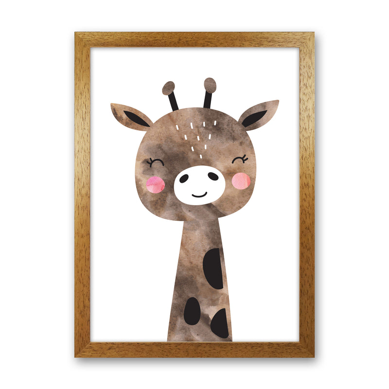 Scandi Brown Giraffe Watercolour Framed Nursey Wall Art Print Oak Grain