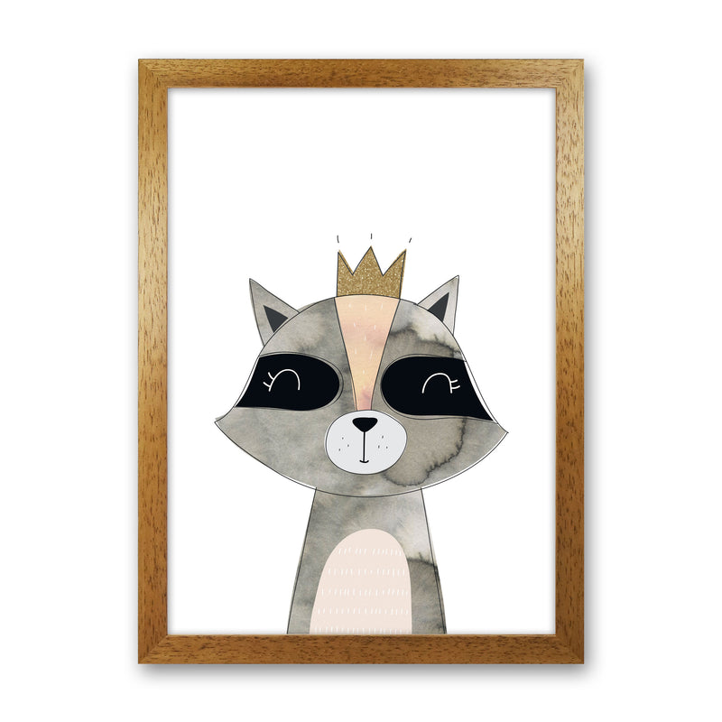Scandi Grey Raccoon Watercolour Framed Nursey Wall Art Print Oak Grain
