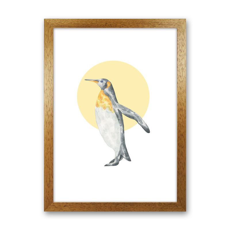 Watercolour Penguin With Yellow Circle Modern Print, Animal Art Print Oak Grain