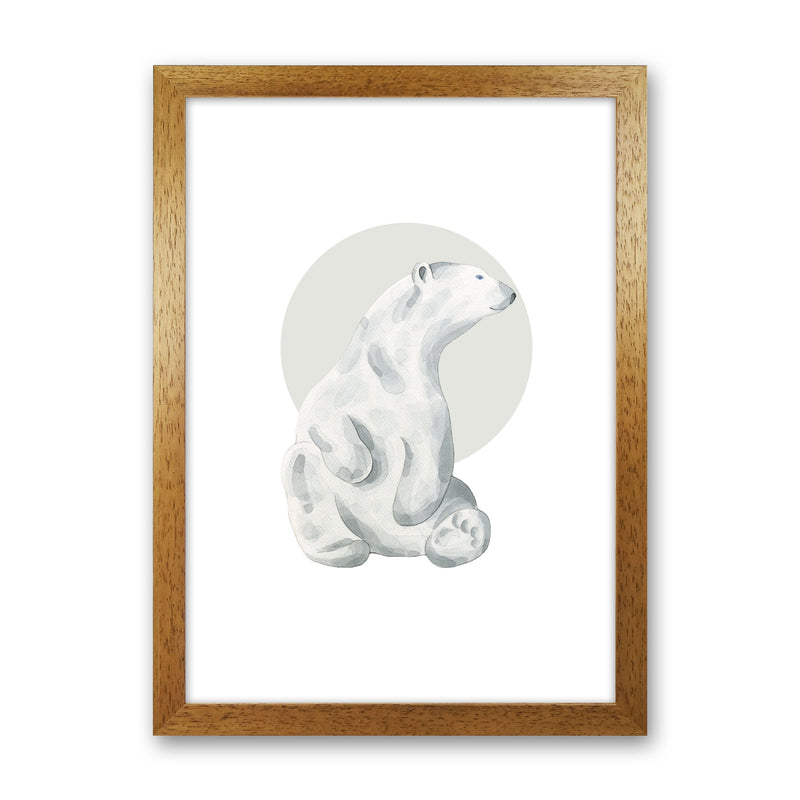 Watercolour Polar Bear With Grey Circle Modern Print, Animal Art Print Oak Grain