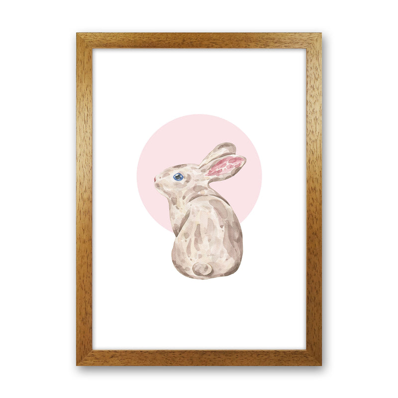 Watercolour Bunny With Pink Circle Modern Print, Animal Art Print Oak Grain