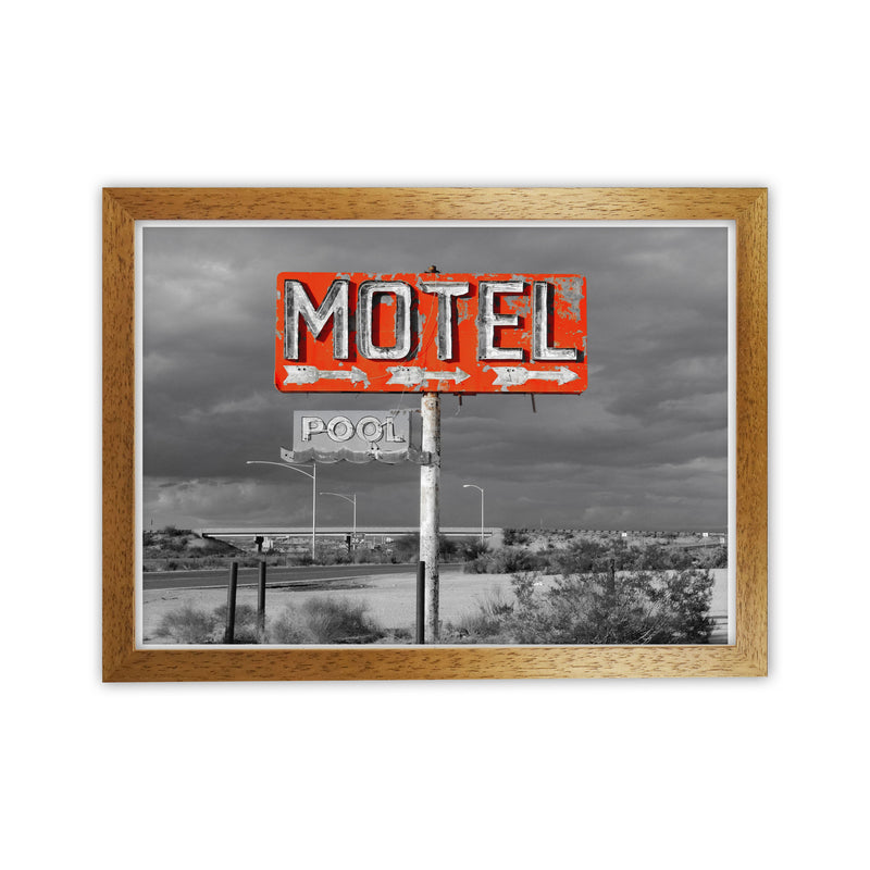 Red Motel Sign Modern Print Oak Grain