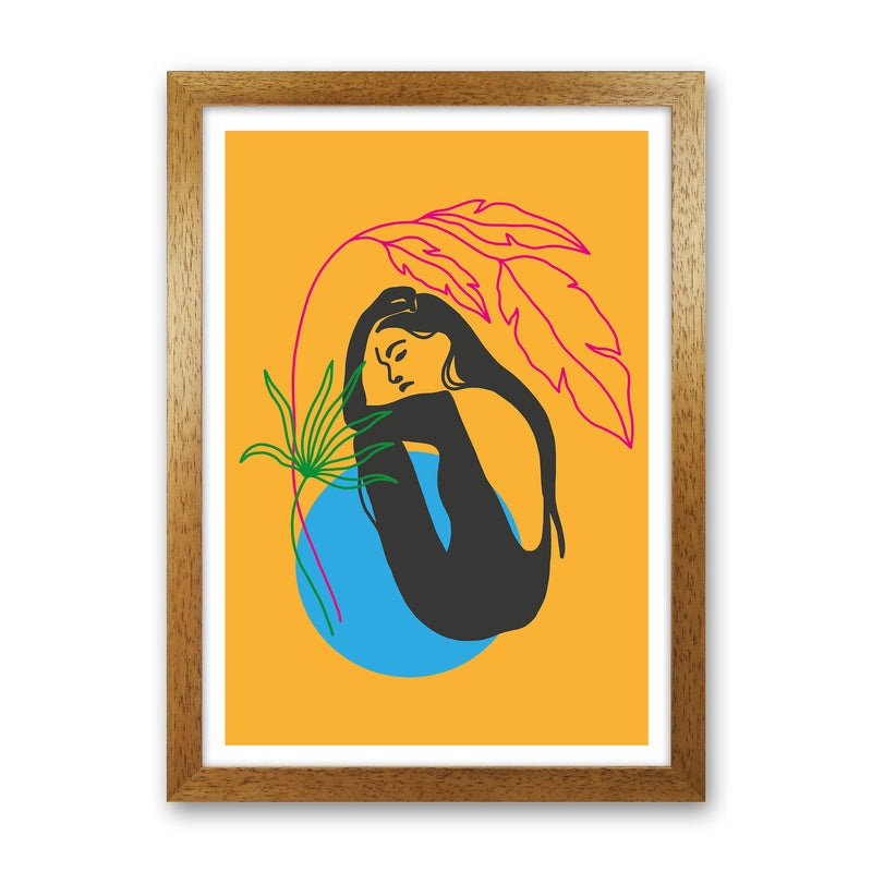 Girl Under Plant Yellow Neon Funk  Art Print by Pixy Paper Oak Grain
