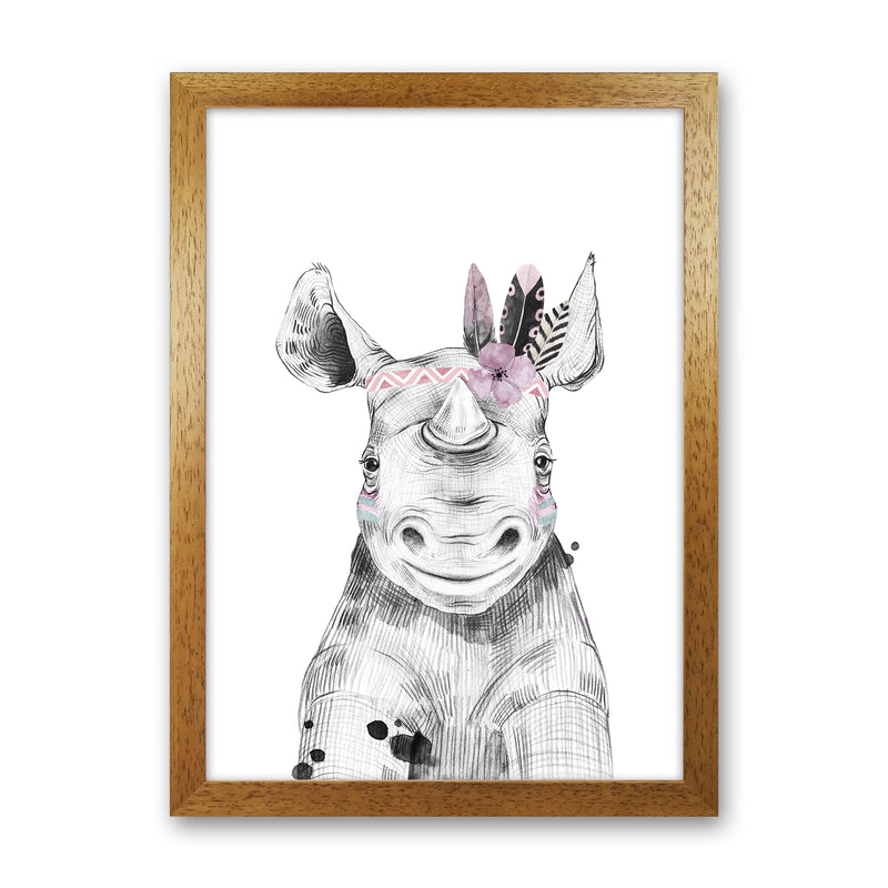 Safari Babies Rhino With Head Feathers  Art Print by Pixy Paper Oak Grain