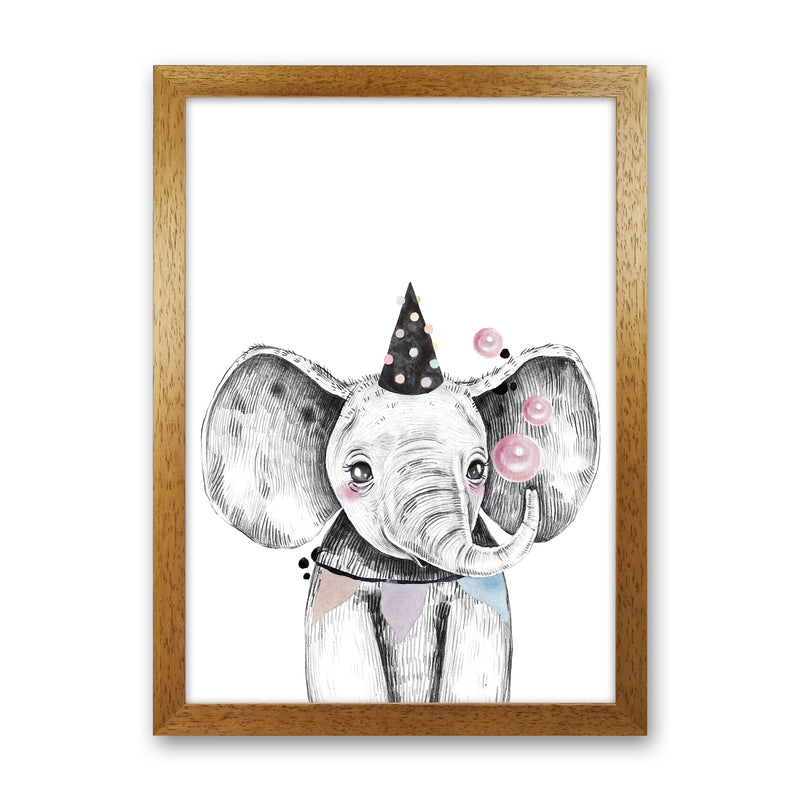 Safari Babies Elephant With Party Hat  Art Print by Pixy Paper Oak Grain