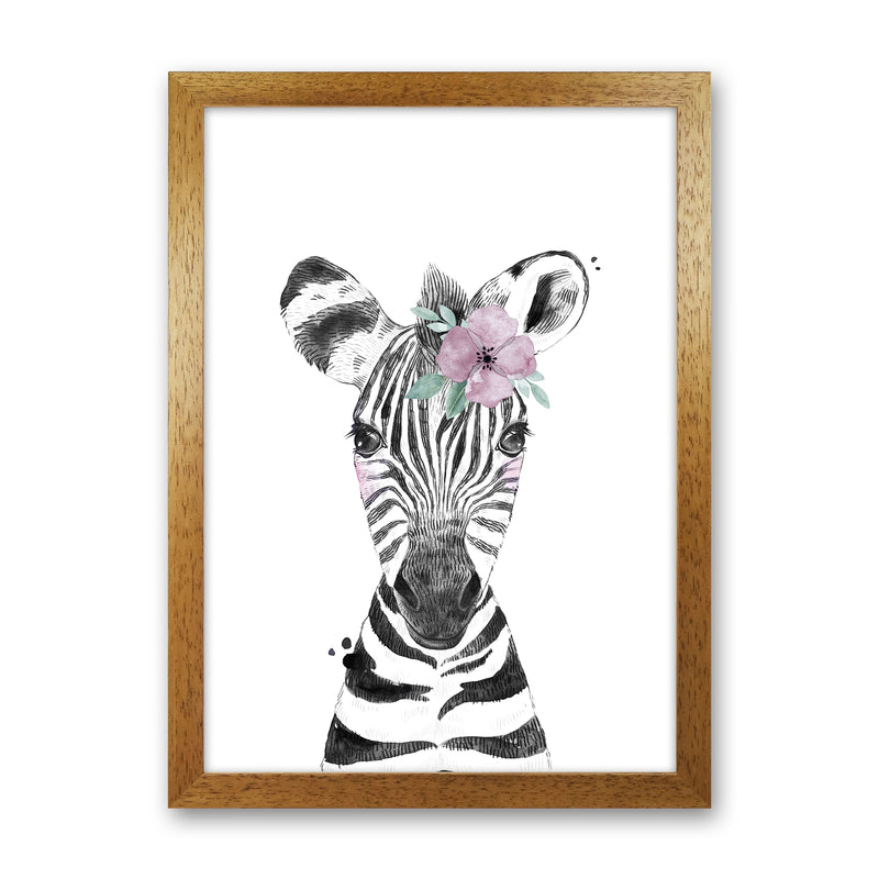 Safari Babies Zebra With Flower  Art Print by Pixy Paper Oak Grain
