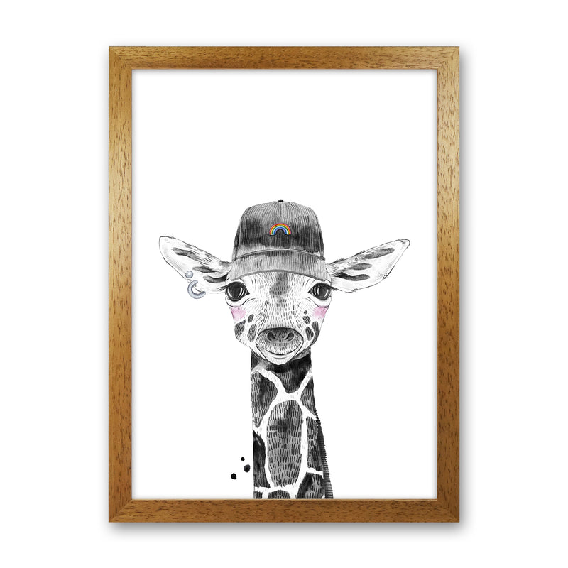 Safari Babies Giraffe With Hat  Art Print by Pixy Paper Oak Grain