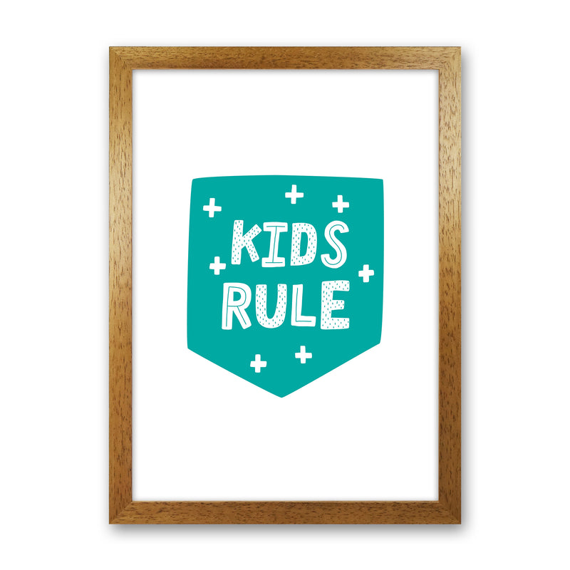 Kids Rule Teal Super Scandi  Art Print by Pixy Paper Oak Grain