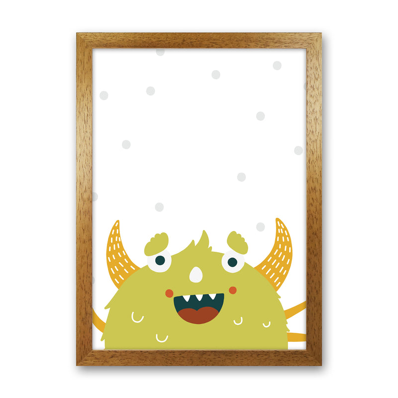 Little Monsters Green Happy  Art Print by Pixy Paper Oak Grain