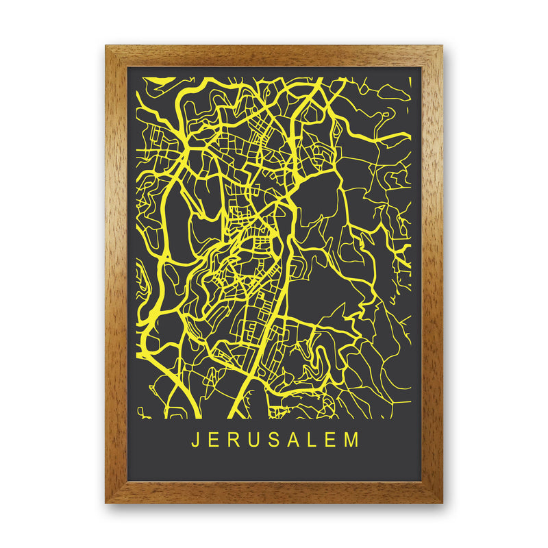 Jerusalem Map Neon Art Print by Pixy Paper Oak Grain