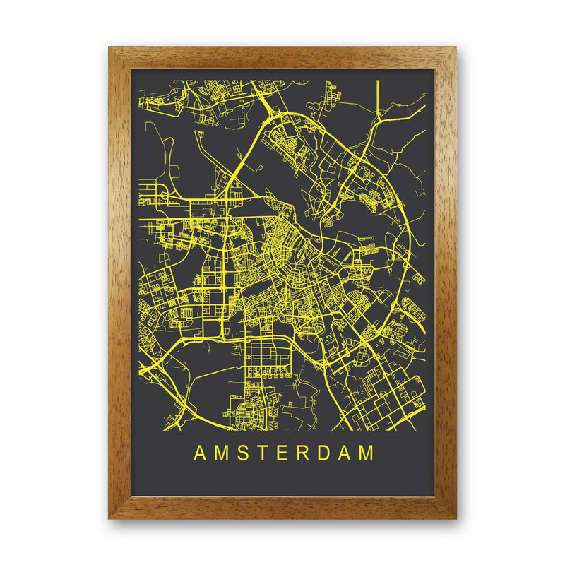 Amsterdam Map Neon Art Print by Pixy Paper Oak Grain