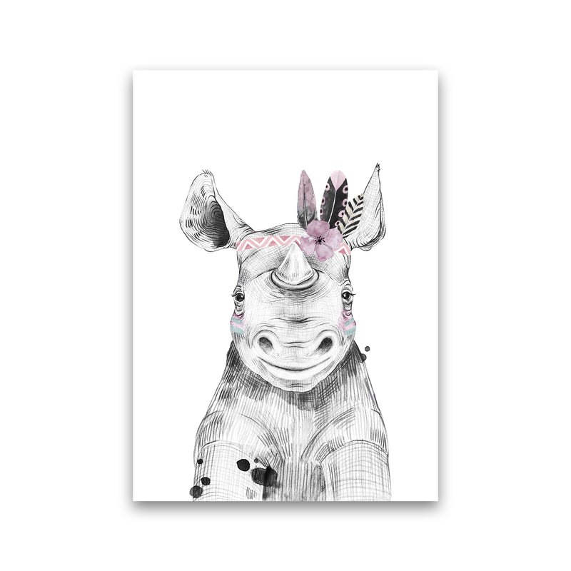Safari Babies Rhino With Head Feathers  Art Print by Pixy Paper Print Only