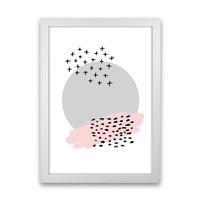 Abstract Grey Circle With Pink And Black Dashes Modern Print White Grain