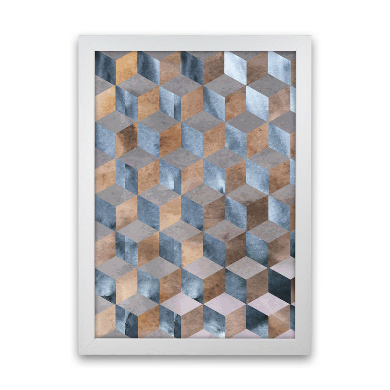 Blue, Grey And Brown Abstract Watercolour Box Modern Print White Grain