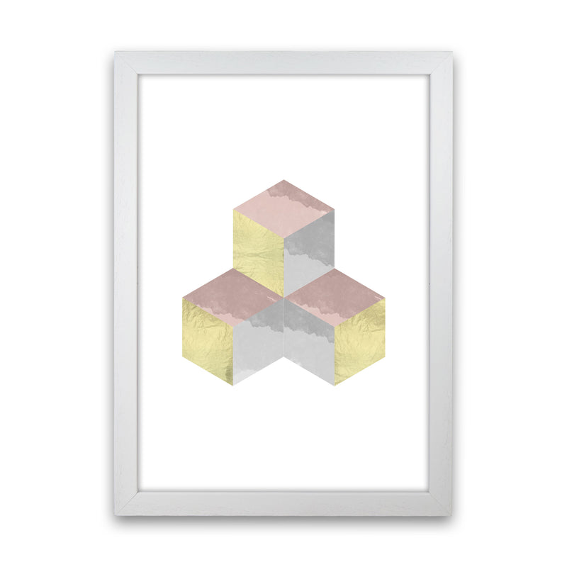 Gold, Pink And Grey Abstract Cubes Modern Print White Grain
