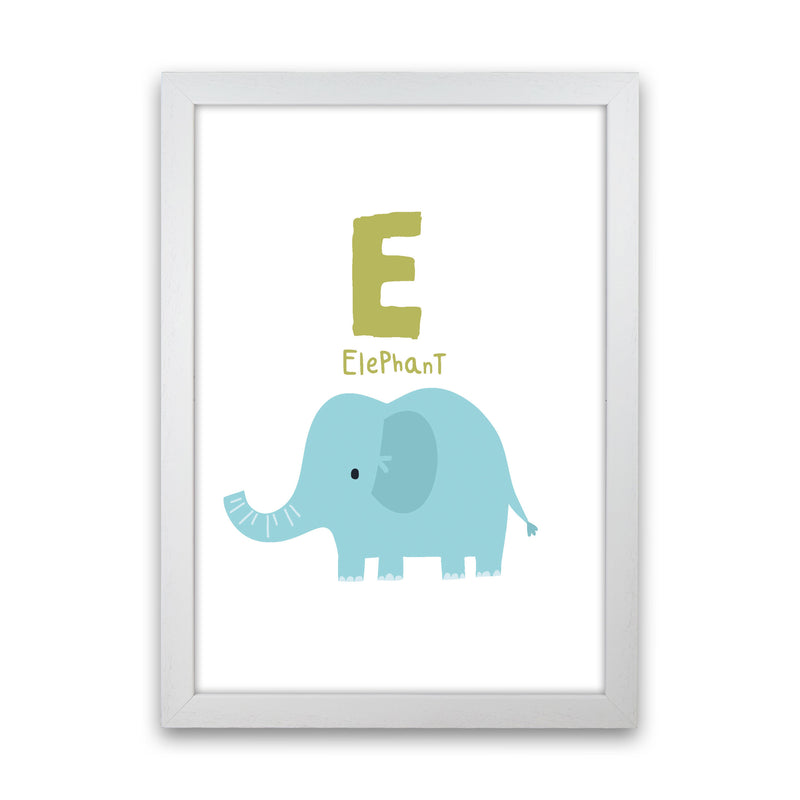 Alphabet Animals, E Is For Elephant Framed Nursey Wall Art Print White Grain