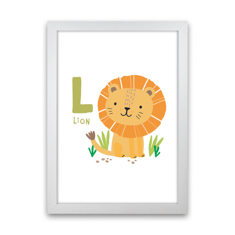Alphabet Animals, L Is For Lion Framed Nursey Wall Art Print White Grain
