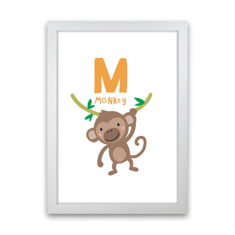 Alphabet Animals, M Is For Monkey Framed Nursey Wall Art Print White Grain