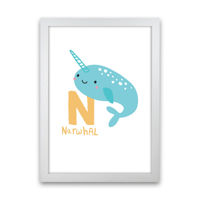 Alphabet Animals, N Is For Narwhal Framed Nursey Wall Art Print White Grain