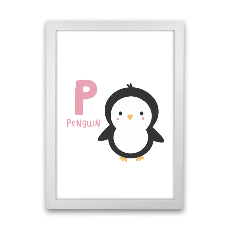 Alphabet Animals, P Is For Penguin Framed Nursey Wall Art Print White Grain