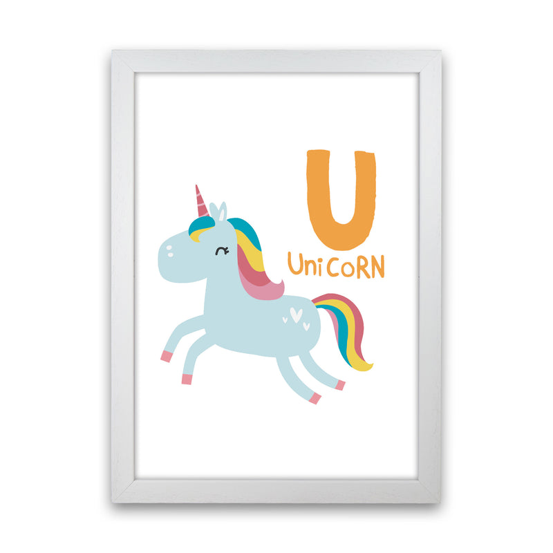 Alphabet Animals, U Is For Unicorn Framed Nursey Wall Art Print White Grain