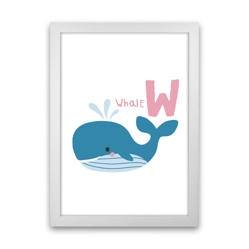 Alphabet Animals, W Is For Whale Framed Nursey Wall Art Print White Grain