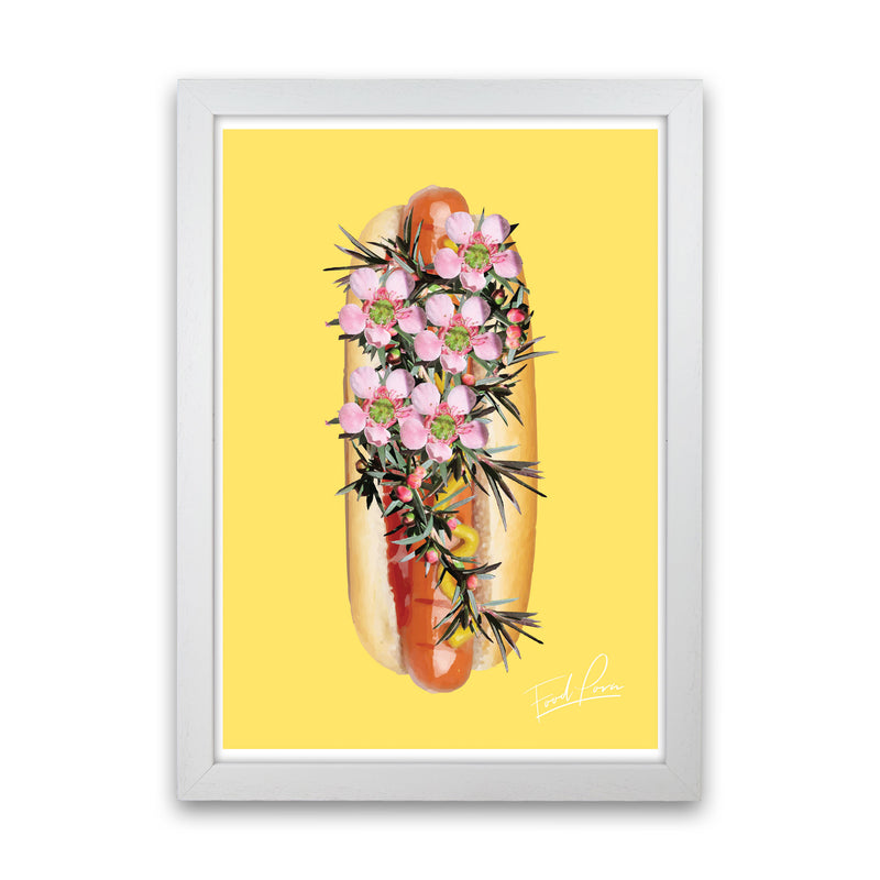 Yellow Hot Dog Food Print, Framed Kitchen Wall Art White Grain