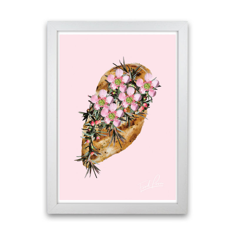 Pink Chicken Floral Food Print, Framed Kitchen Wall Art White Grain