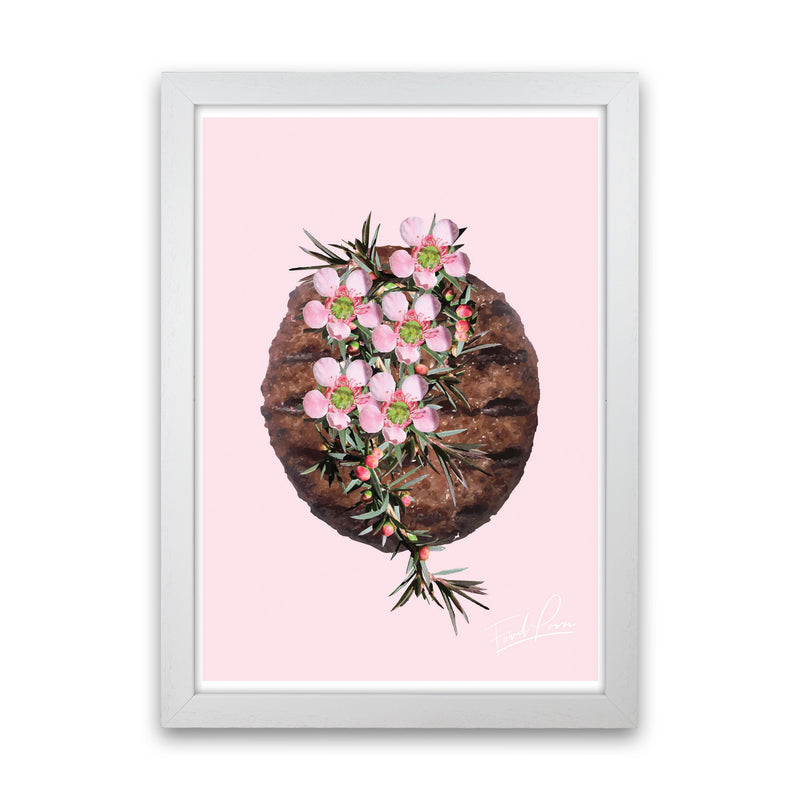Pink Burger Floral Food Print, Framed Kitchen Wall Art White Grain
