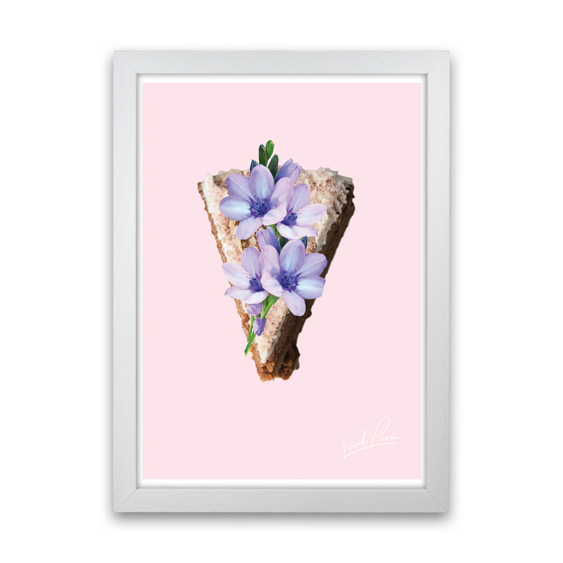 Pink Coffee Cake Floral Food Print, Framed Kitchen Wall Art White Grain
