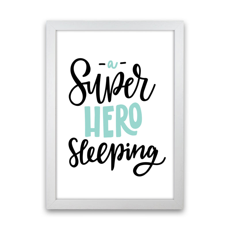 Superhero Sleeping Mint And Black Framed Nursey Wall Art Print White Grain